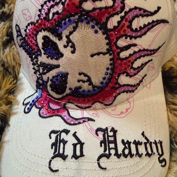 Ed Hardy White Mesh Trucker Cap with Rhinestone Skull Accent